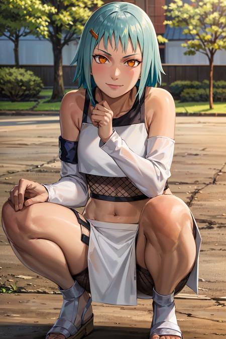 18329-412292555-masterpiece, absurdres ,fuu, 1girl, solo, crop top, midriff, navel, fishnets, skirt, smile, sandals, detached sleeves, groin, ni.png